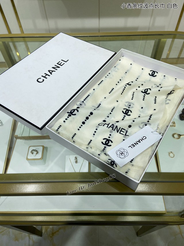 CHANEL專門店新款香奈兒小香條紋波點長巾100%頂級羊絨女士圍巾披肩 mmyj1269